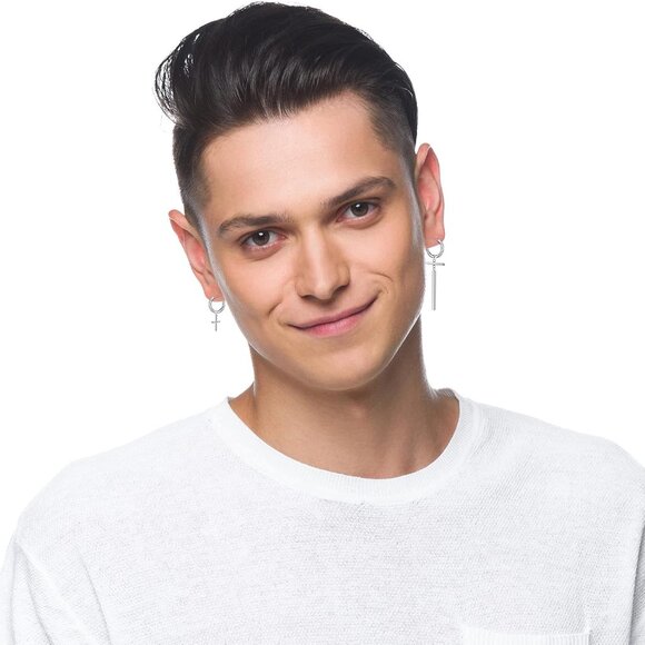 20 Pcs Silver Stainless Steel Non-Piercing Dangle Hoop Earrings for Men, Gift Bo - Picture 6 of 7